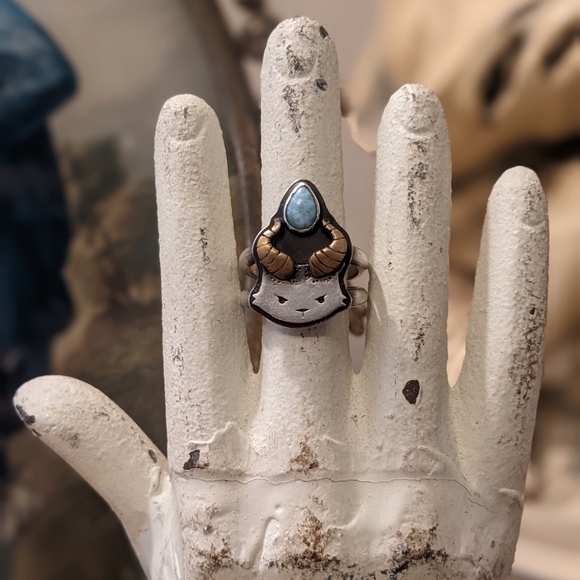 Sterling Silver Demon Kitty Larimar Ring - Picture 2 of 5